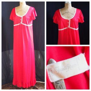 vtg 70s FORMFIT ROGERS Red Nylon Retro Sheer Long Nightgown Ruffle LACE USA S
